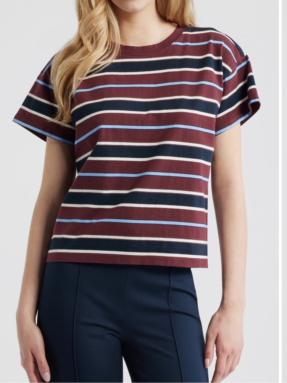 rag & bone Kelly Stripe Boxy Cotton T-Shirt Short Sleeve Burgundy